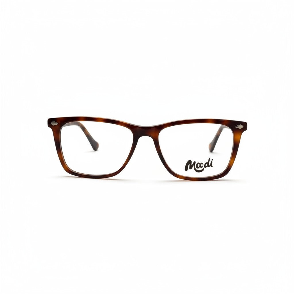 Gafas de vista Moodi Timber de carey marrón con montura cuadrada y detalles plateados en las patillas.