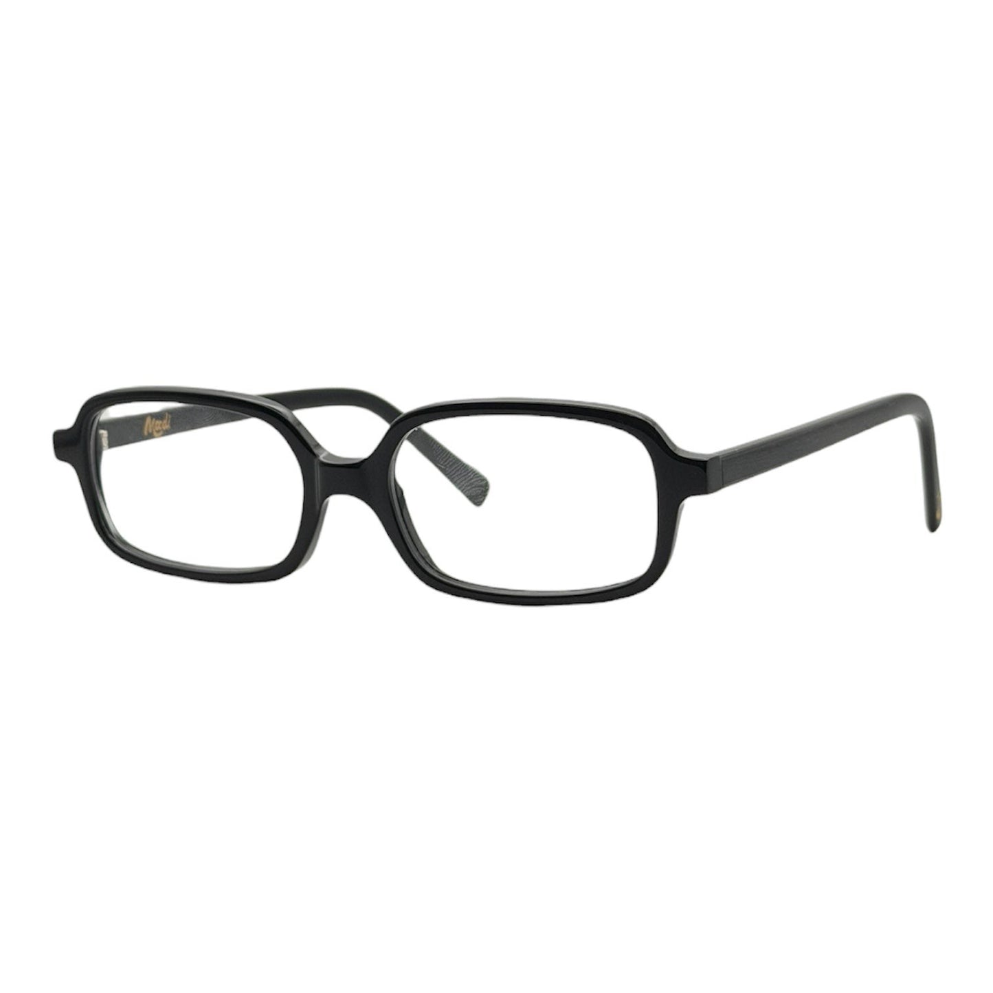 Gafas negras rectangulares de acetato de Mood, con patillas finas y logo en la patilla.
