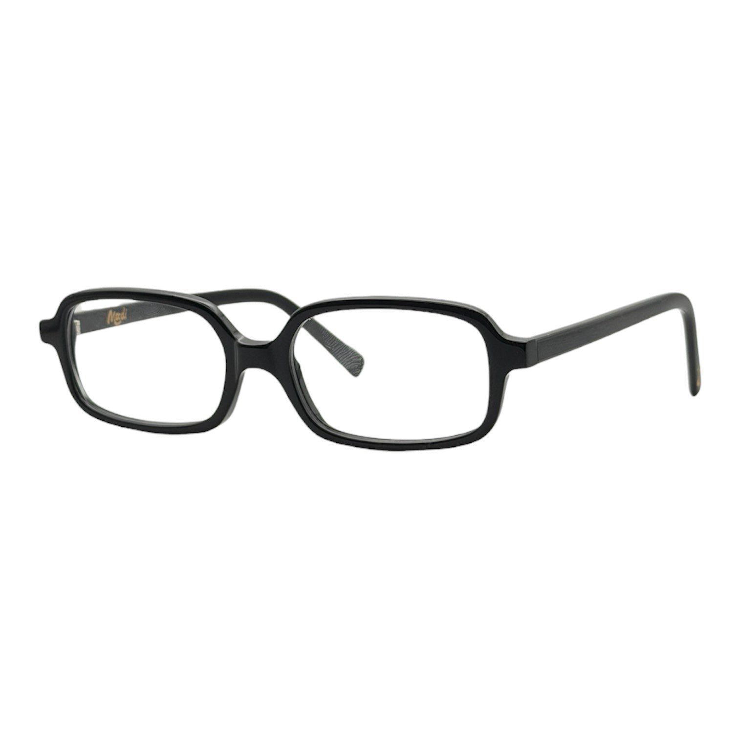 Gafas negras rectangulares de acetato de Mood, con patillas finas y logo en la patilla.