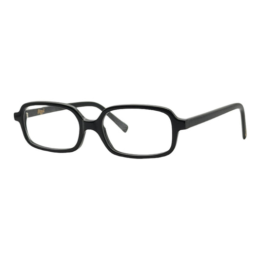 Gafas negras rectangulares de acetato de Mood, con patillas finas y logo en la patilla.