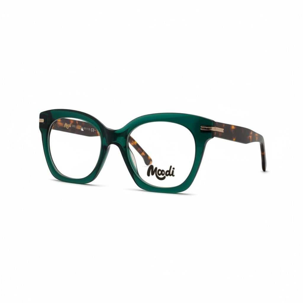 Gafas de vista Moodi de acetato verde con estampado de carey en las patillas y detalles dorados.