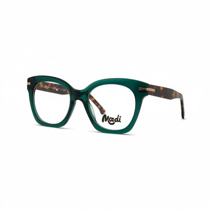 Gafas de vista Moodi de acetato verde con estampado de carey en las patillas y detalles dorados.