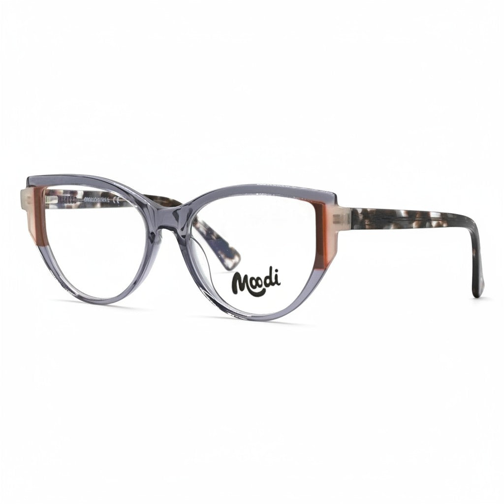Gafas Moodi Ambar de acetato con montura cuadrada y efecto agatado en azul, carey y rosa. Para rostros ovalados y redondos.