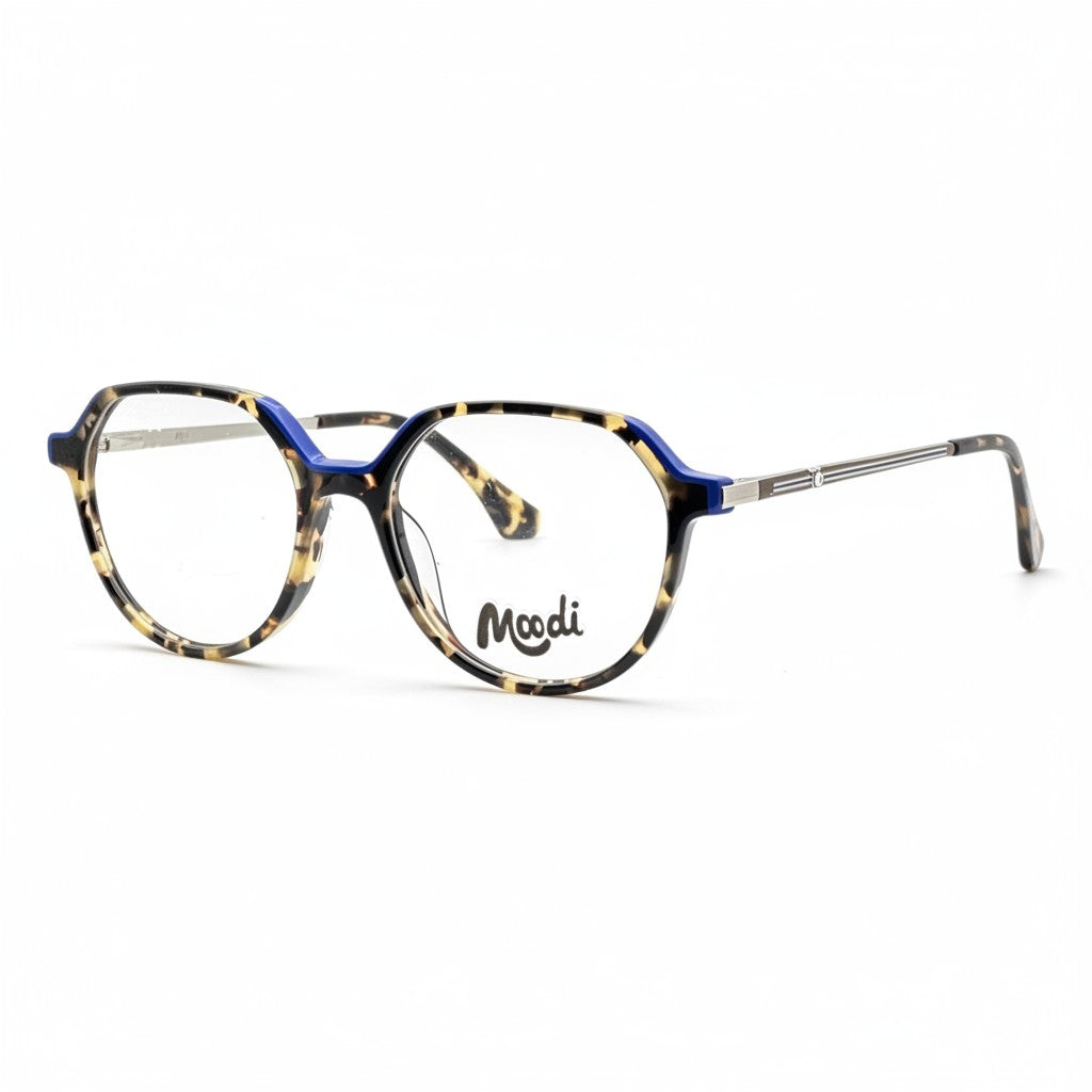 Gafas Moodi Aria de carey y azul con forma hexagonal y lentes transparentes. Montura llamativa.