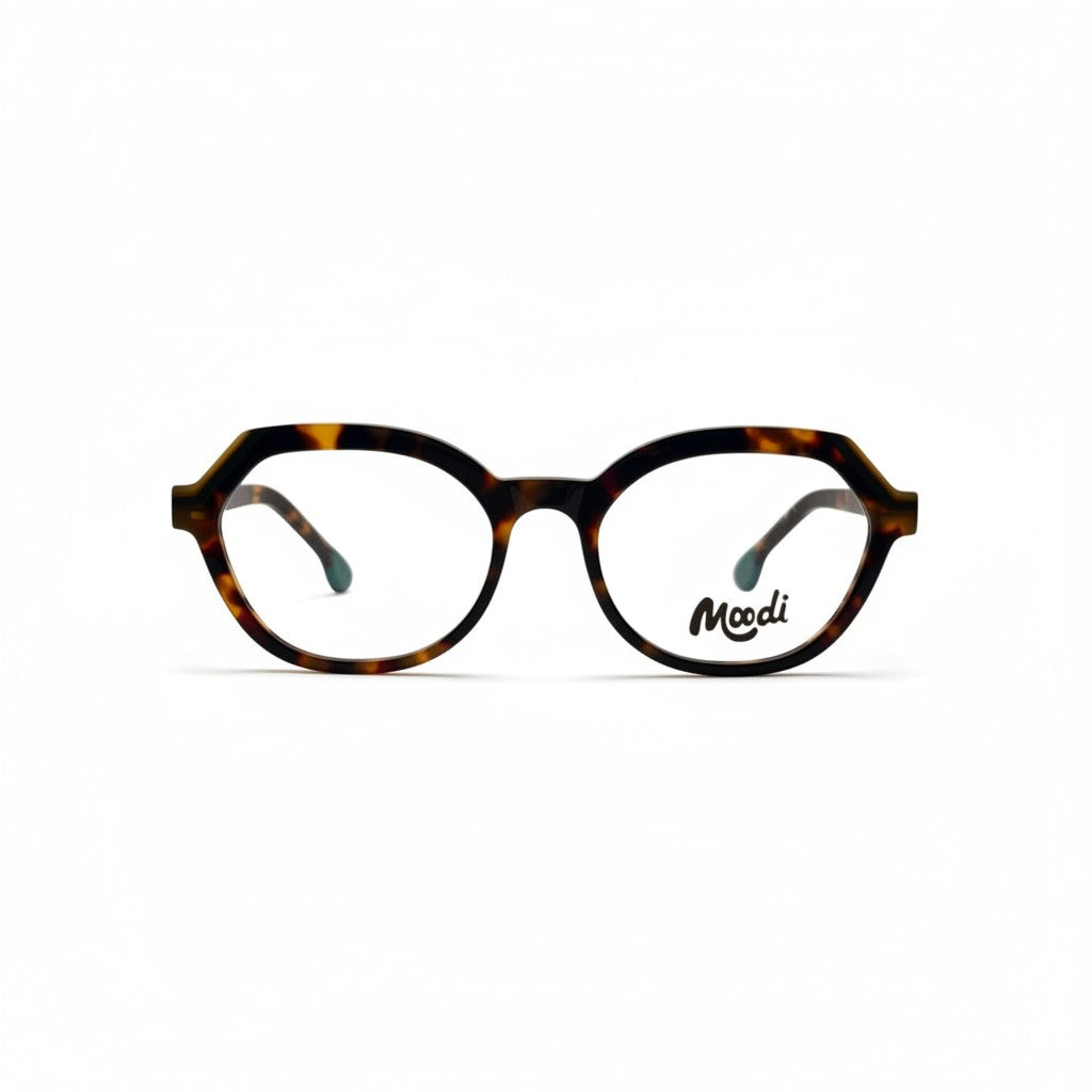 Gafas de vista Moodi Botero con montura de carey y detalles en azul turquesa.