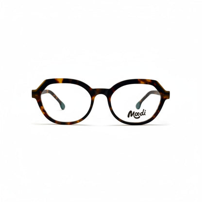 Gafas de vista Moodi Botero con montura de carey y detalles en azul turquesa.