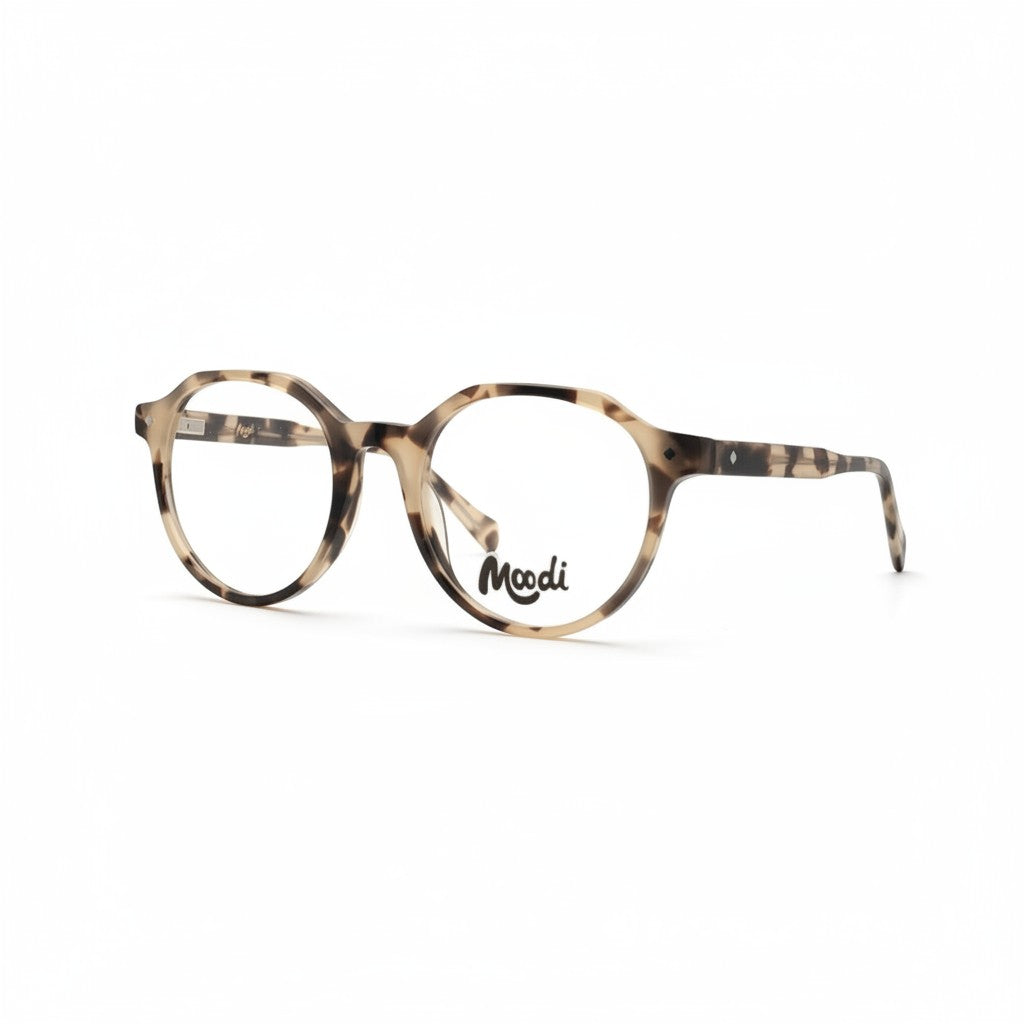 Gafas de vista Moodi Mosaico con montura redonda de carey en tonos beige y marrón.