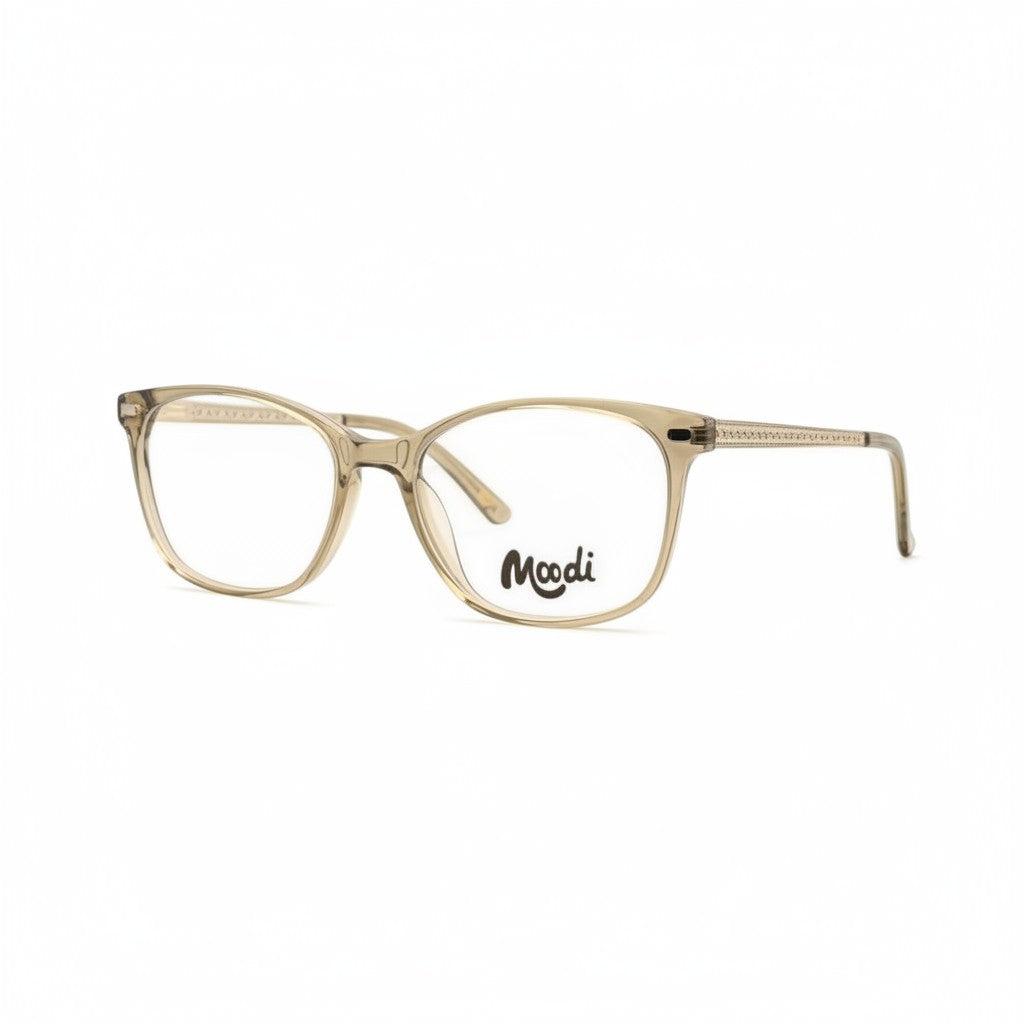 Gafas transparentes de acetato Moodi Maria con sistema clip-on y logo en la lente.