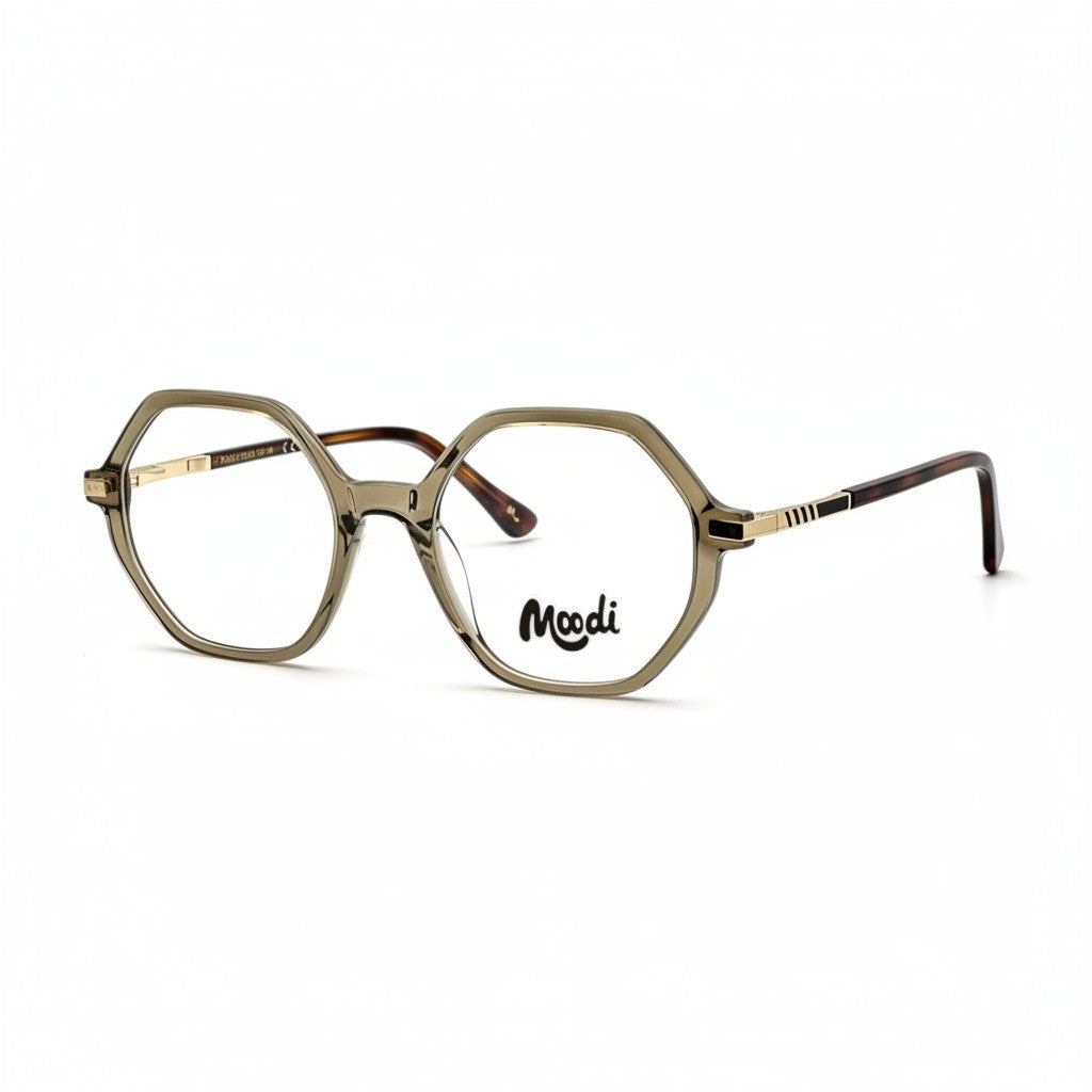 Gafas Moodi Siena con montura hexagonal geométrica de acetato verde y lentes con protección UV.