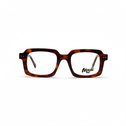 Gafas de vista Moodi Hopper de carey con montura cuadrada y logo en la lente.