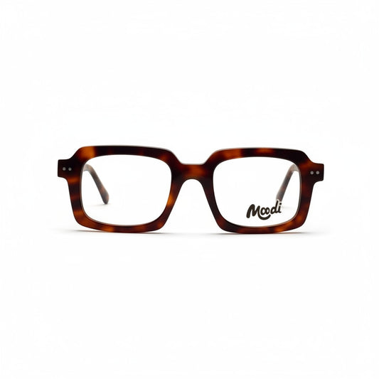 Gafas de vista Moodi Hopper de carey con montura cuadrada y logo en la lente.