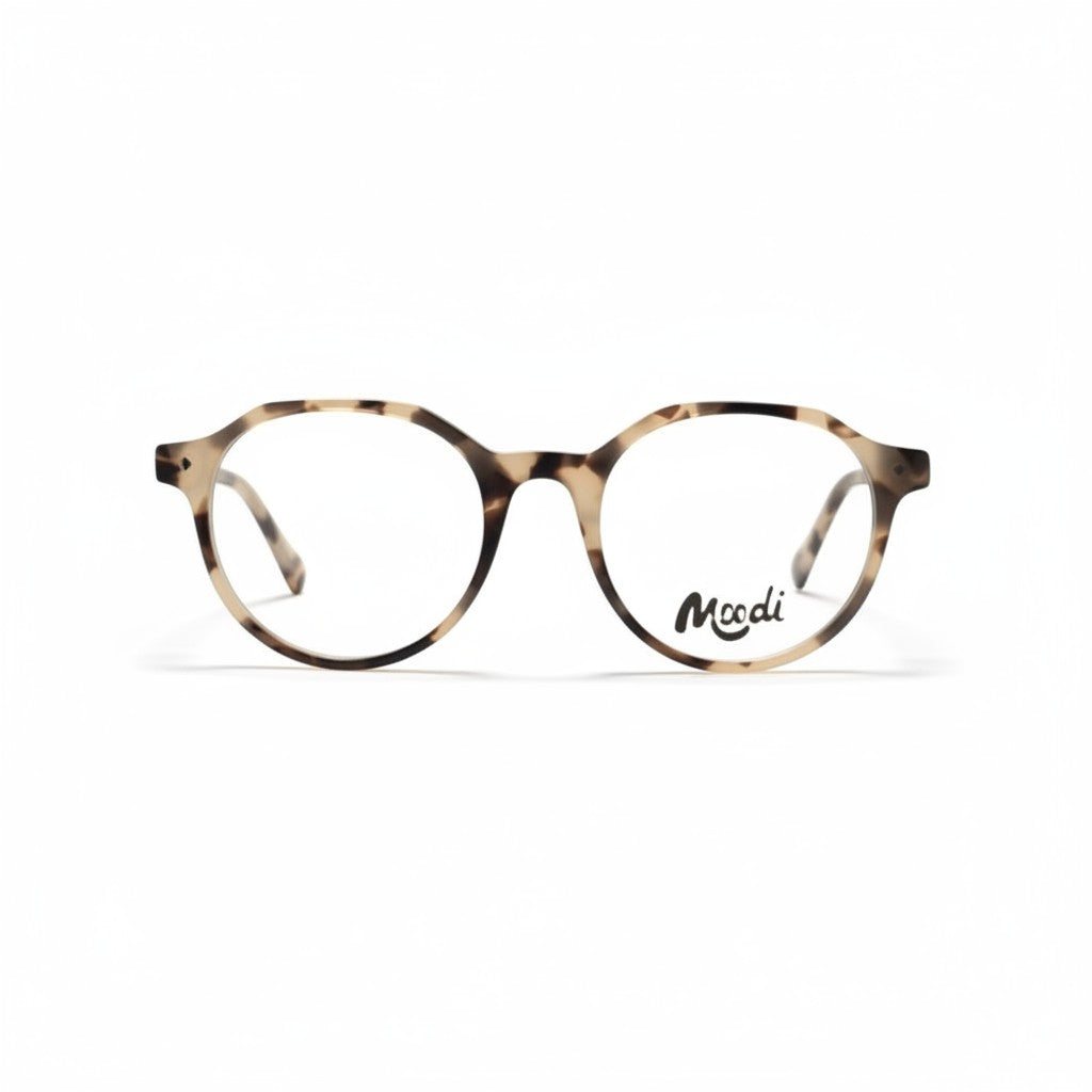 Gafas de vista Moodi Mosaico con montura redonda de carey en tonos beige y marrón.