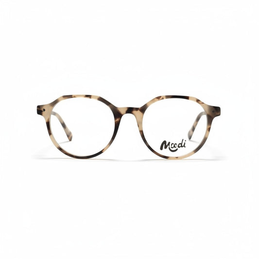 Gafas de vista Moodi Mosaico con montura redonda de carey en tonos beige y marrón.
