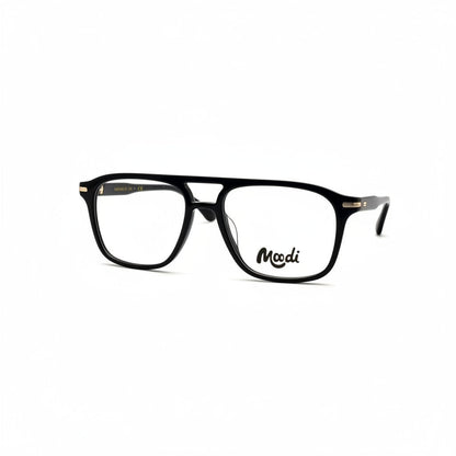 Gafas de montura negra estilo aviador de Moodi con logo dorado en la lente derecha.