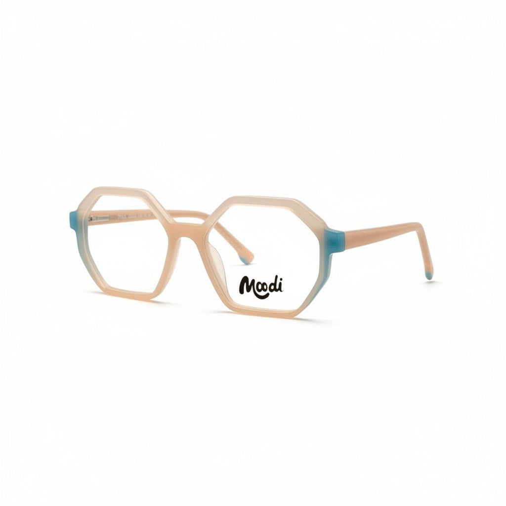 Gafas de pasta Moodi de montura octogonal en color melocotón y azul claro con logo.