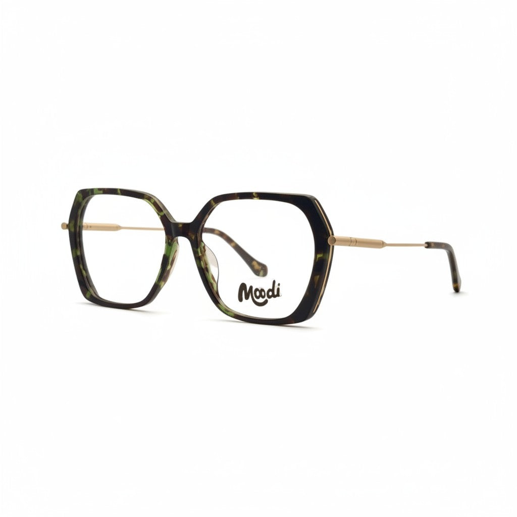Gafas de acetato Moodi Sahara con montura cuadrada en carey verde y marrón, varillas doradas.