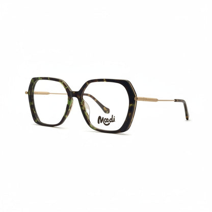 Gafas de acetato Moodi Sahara con montura cuadrada en carey verde y marrón, varillas doradas.