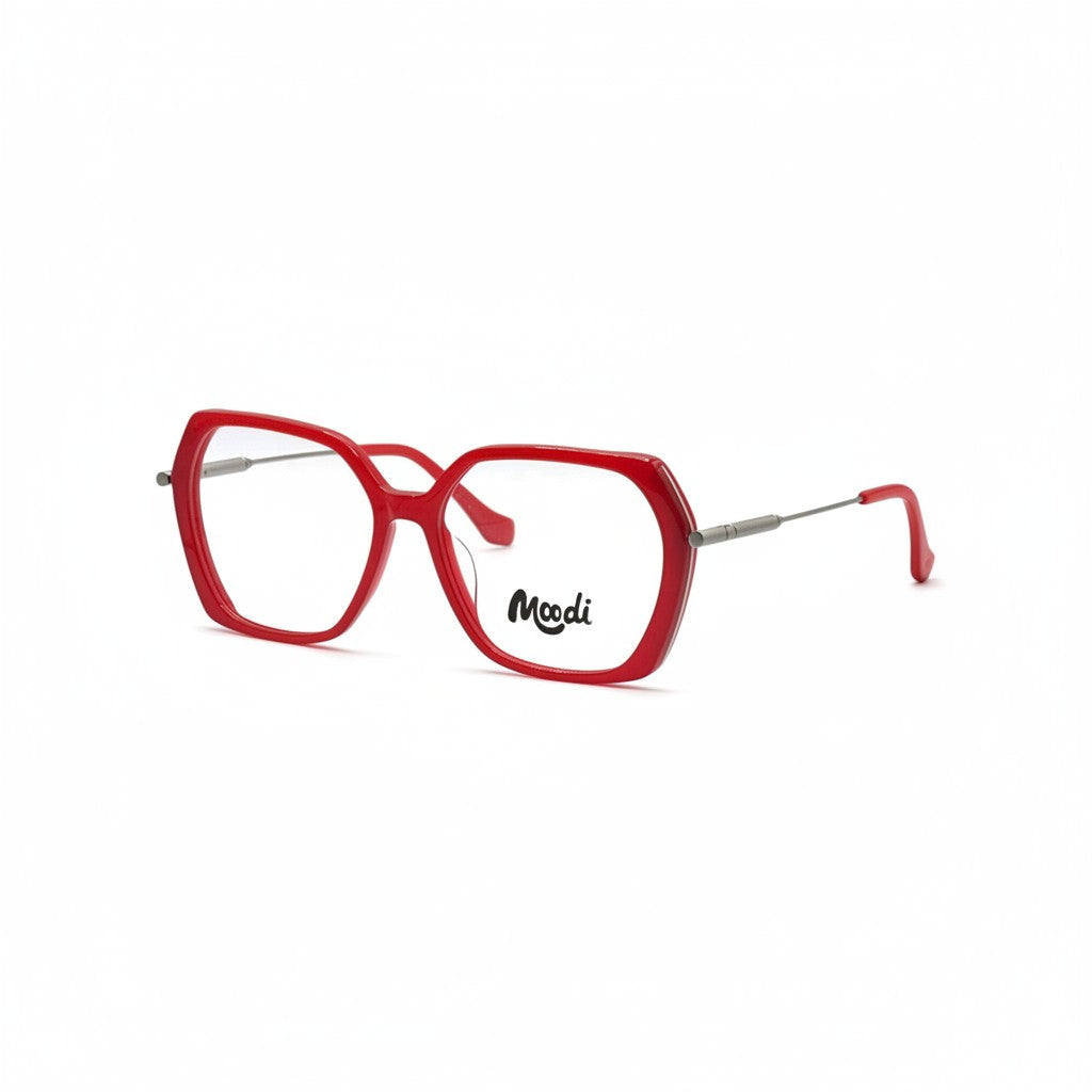 Gafas Moodi Sahara rojas de acetato con montura cuadrada y patillas metálicas. Ideales para rostro ovalado o redondo.