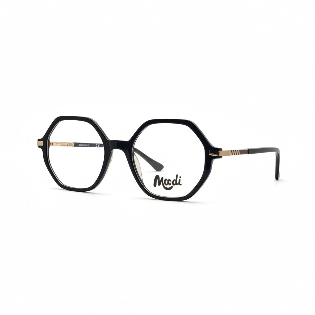 Gafas Moodi Siena de acetato negro con montura hexagonal y detalles dorados en las patillas.