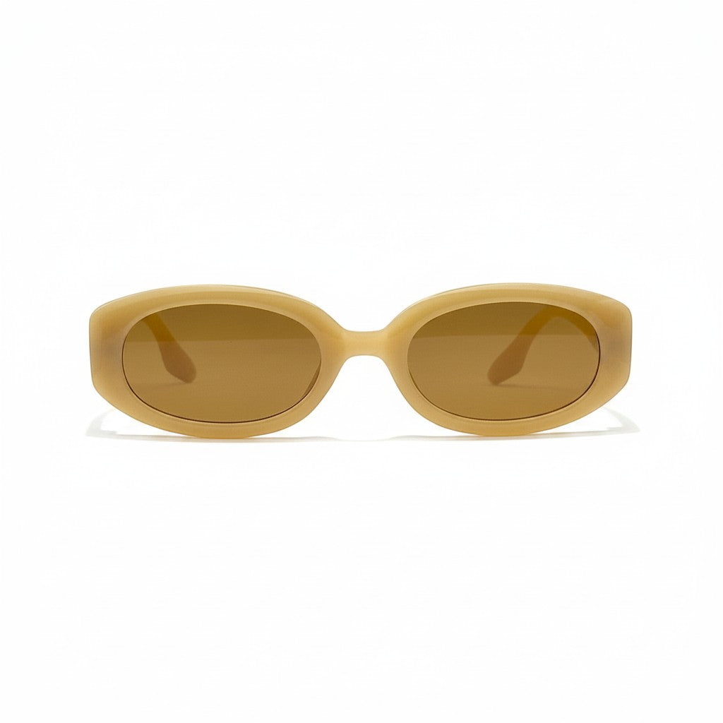 Gafas de sol Moodi Alice de acetato beige cálido con montura ovalada y lentes tintadas.