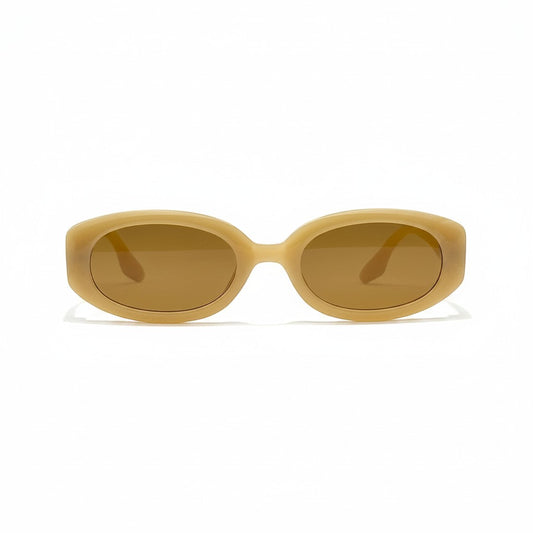 Gafas de sol Moodi Alice de acetato beige cálido con montura ovalada y lentes tintadas.