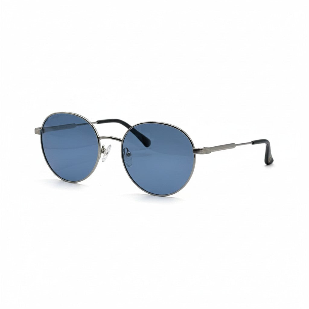 Gafas de sol Moodi Géminis con montura metálica redonda negra y lentes polarizadas azules.