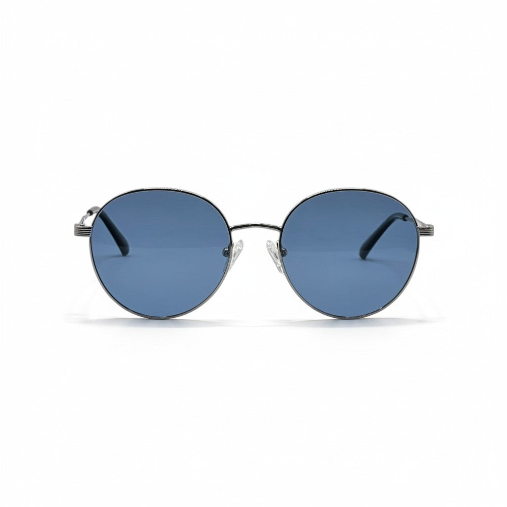 Gafas de sol Moodi Géminis con montura metálica redonda negra y lentes polarizadas azules UV400.