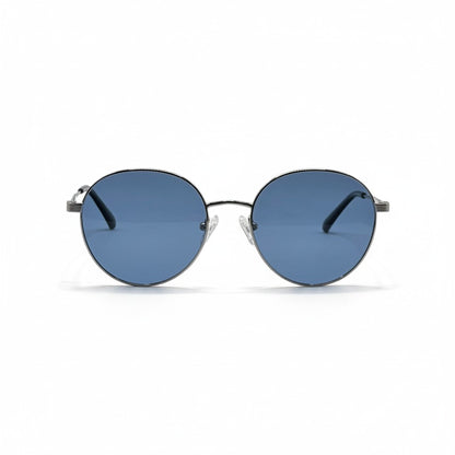 Gafas de sol Moodi Géminis con montura metálica redonda negra y lentes polarizadas azules UV400.