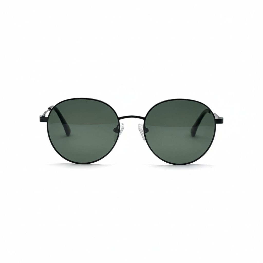 Gafas de sol Moodi Géminis con montura metálica redonda negra y lentes polarizadas verdes UV400.