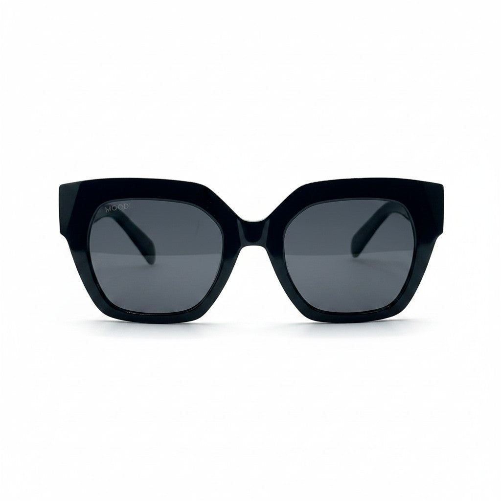 Gafas de sol Moodi Ava negras de acetato con montura cuadrada y lentes polarizadas con protección UV400.
