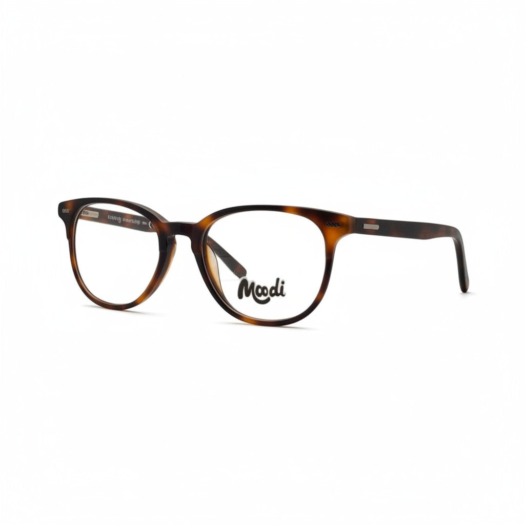 Gafas de vista Moodi Timber de carey con montura redonda y patillas marrones.