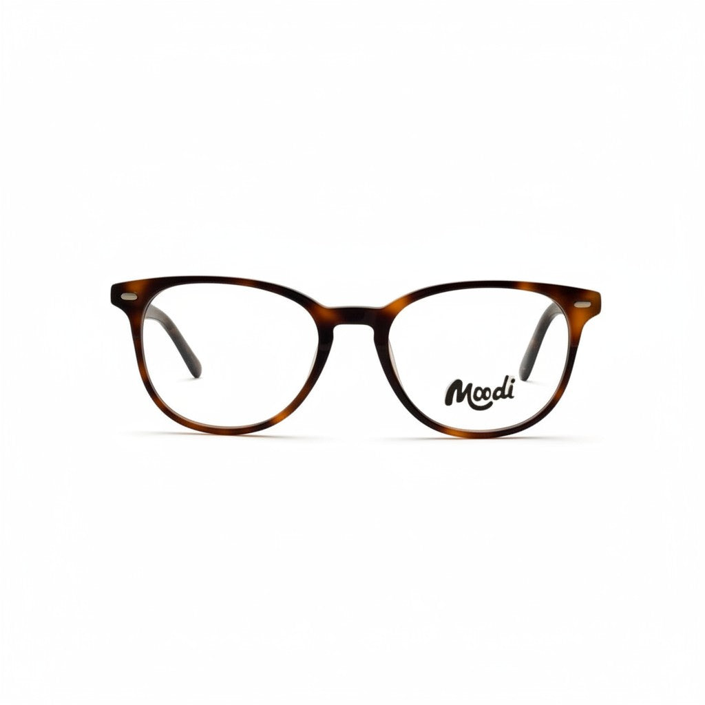 Gafas de vista Moodi Timber de carey con montura redonda y patillas finas.