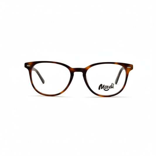 Gafas de vista Moodi Timber de carey con montura redonda y patillas finas.