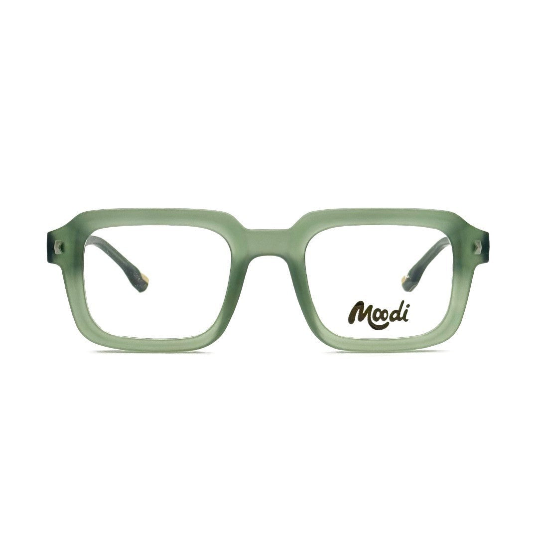 Gafas graduadas Toni de Moodi en verde mate, montura cuadrada de TR-90 ultraligera y flexible con logo.