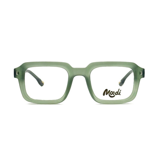 Gafas graduadas Toni de Moodi en verde mate, montura cuadrada de TR-90 ultraligera y flexible con logo.