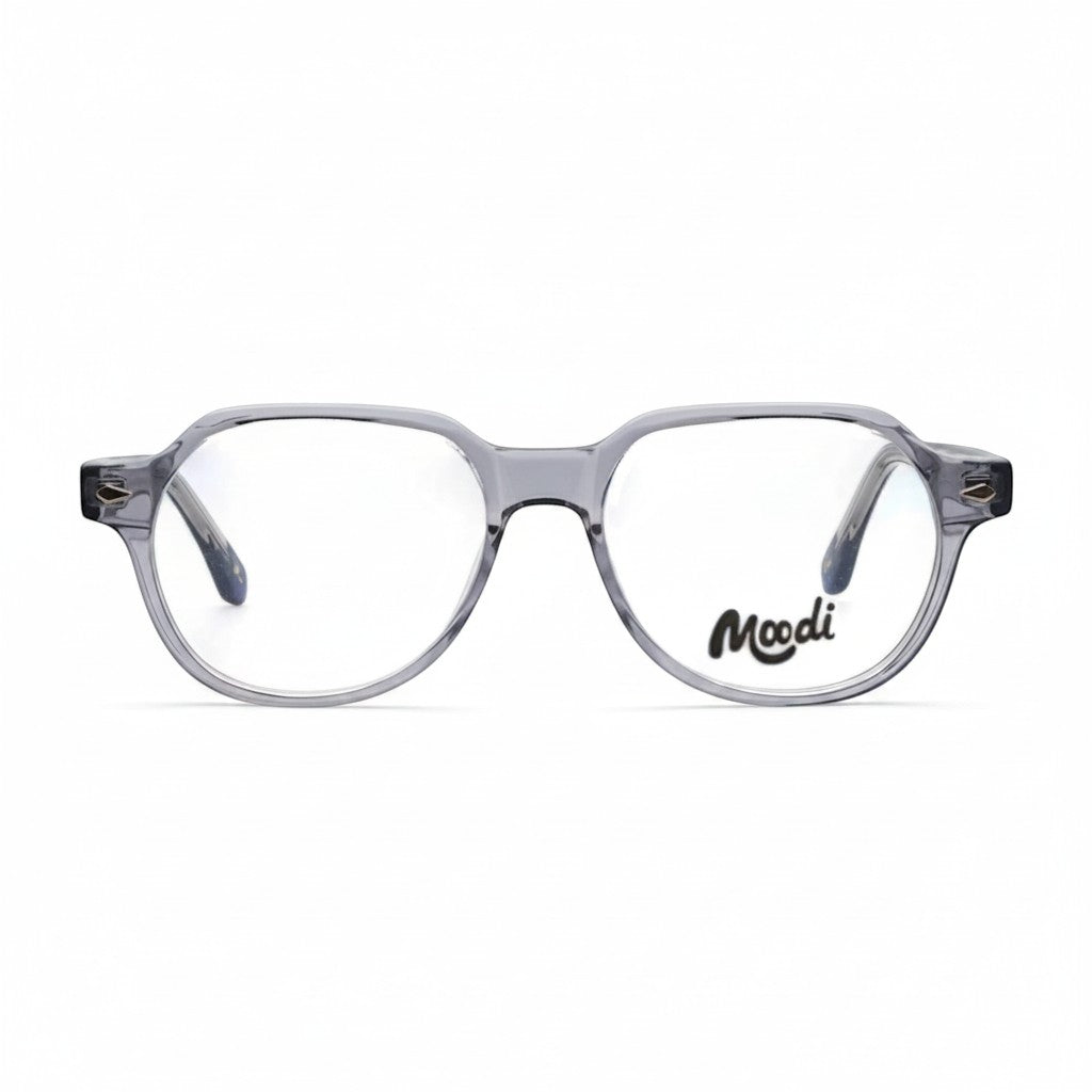 Gafas transparentes grises de acetato estilo aviador de Moodi. Forma unisex moderna para lentes de fórmula.