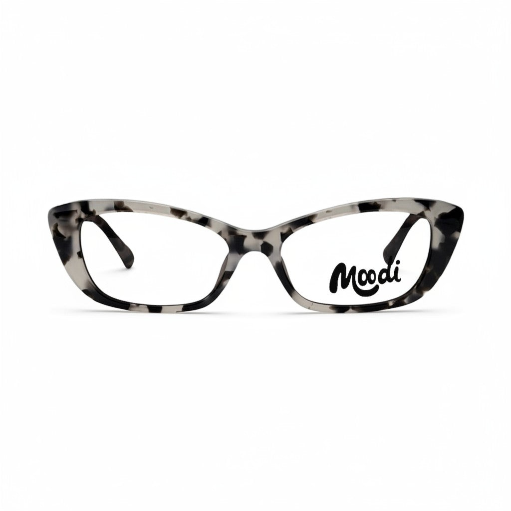 Montura de gafas Moodi Indi de metal con estampado dálmata en blanco y negro, forma rectangular para lentes de fórmula.