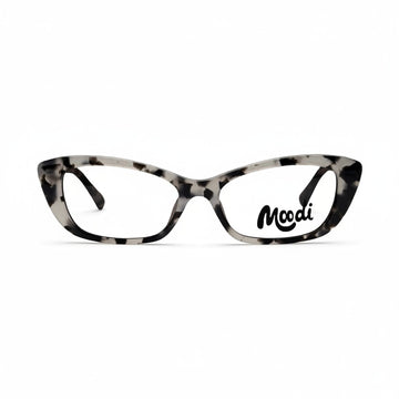 Montura de gafas Moodi Indi de metal con estampado dálmata en blanco y negro, forma rectangular para lentes de fórmula.