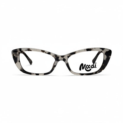 Montura de gafas Moodi Indi de metal con estampado dálmata en blanco y negro, forma rectangular para lentes de fórmula.