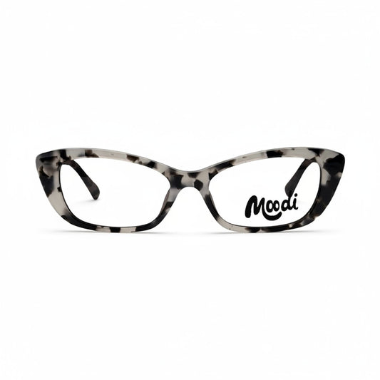 Montura de gafas Moodi Indi de metal con estampado dálmata en blanco y negro, forma rectangular para lentes de fórmula.
