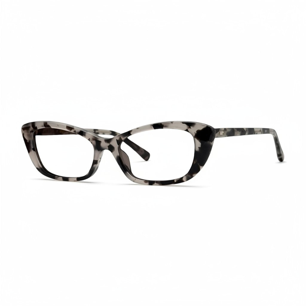 Montura de gafas Moodi Indi de metal con estampado dálmata en blanco y negro, forma rectangular para lentes de fórmula.