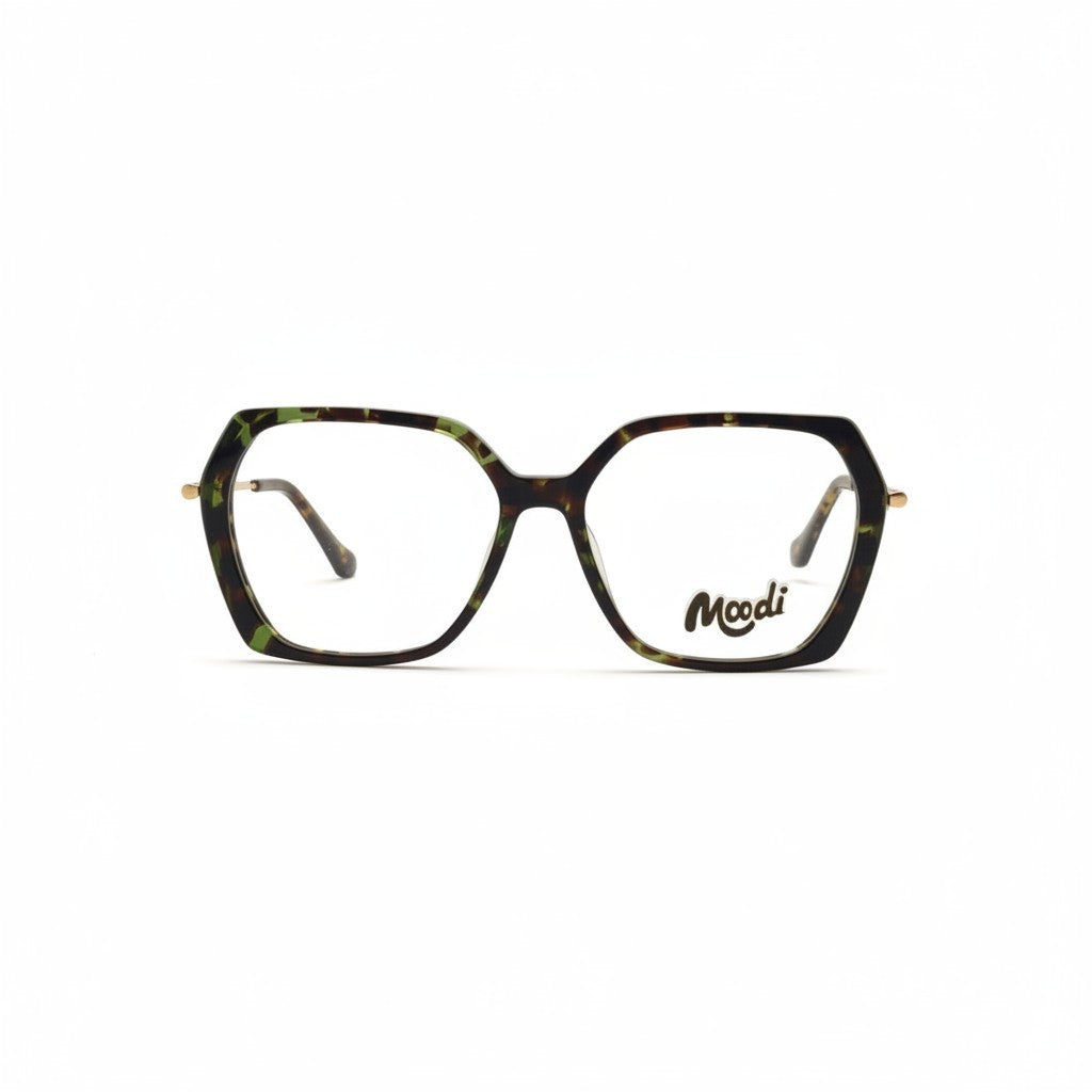 Gafas Moodi Sahara de acetato con montura cuadrada y estampado de camuflaje verde y marrón. Para lentes de fórmula.